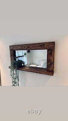 Rustic Handmade Wooden Mirror with a Shelf Finished in an Dark Oak Wax