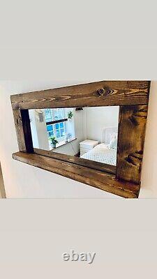 Rustic Handmade Wooden Mirror with a Shelf Finished in an Dark Oak Wax