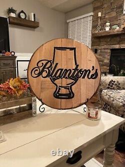 Rustic Home Bar Decor Blantons Sign, Bourbon Whiskey Barrel Lid wood wall art
