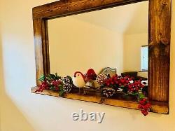 Rustic Made Wooden Mirror With Shelf In Dark Oak Wax Finish, Size 720mm X 960mm