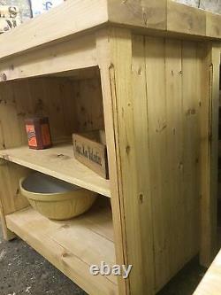 Rustic Wooden Waxed Pine Freestanding Open Kitchen Island Shelving Storage Unit