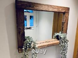 Rustic handmade Wooden Mirror With Shelf In Walnut 720mm H X 960mm l