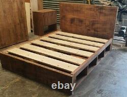 SOLID WOOD RUSTIC CHUNKY STORAGE BED 5ft BUILT IN CUBBY HOLE KINGSIZE WOODEN BED