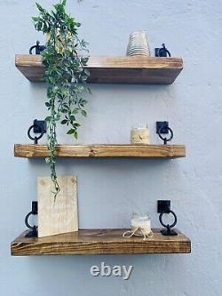 Set Of 3 Rustic Floating Shelves Wooden Handmade Bespoke Wood with brackets