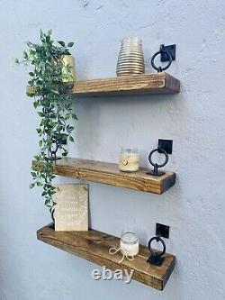 Set Of 3 Rustic Floating Shelves Wooden Handmade Bespoke Wood with brackets