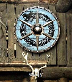 Shield Viking Wooden Norse Round Hand Battle Carving Runic Warrior Symbol Decor