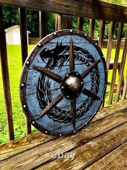 Shield Viking Wooden Norse Round Hand Battle Carving Runic Warrior Symbol Decor