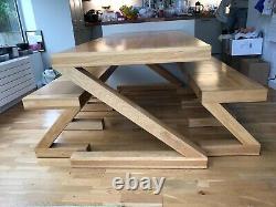Solid Oak Wooden Dining Table 90cm x 180cm x 77cm (WxLxH), 2 benches 40x144x47