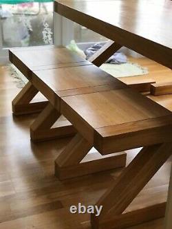 Solid Oak Wooden Dining Table 90cm x 180cm x 77cm (WxLxH), 2 benches 40x144x47