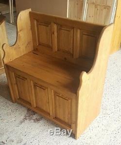 Solid Pine Monks Bench With Pack Panelling, Wooden Storage Seat Made To Order