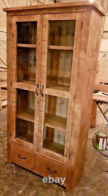Solid Wood Rustic Chunky Plank Glazed Display Cabinet With Drawers Wooden Unit