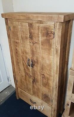 Solid Wood Rustic Chunky Plank Hall Cupboard, Wooden Storage Cupboard-drawer