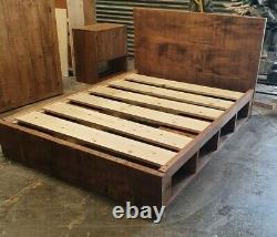 Solid Wood Rustic Chunky Storage Bed Built In Cubby Hole Kingsize Wooden Bed