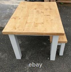 Solid Wood Rustic Chunky Table & Bench Set With Painted Legs Wooden Dining Set