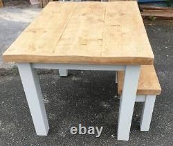Solid Wood Rustic Chunky Table & Bench Set With Painted Legs Wooden Dining Set
