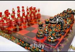 Stunning wooden chess set hand Board and pieces hand painted great gift exclusiv