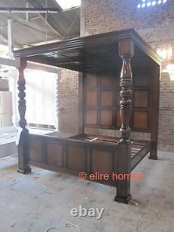 TUDOR style Four Poster Mahogany wooden canopy Jacobean Enlish panelled roof bed