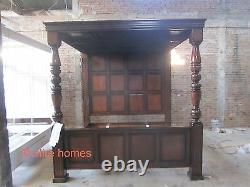 TUDOR style Four Poster Mahogany wooden canopy Jacobean Enlish panelled roof bed