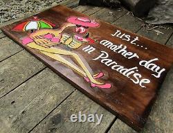 Tiki Bar Sign Plaque Flamingo Wooden Hand Carved Large Garden Fair Trade