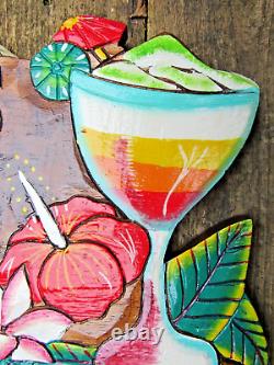 Tiki Bar Sign Plaque Happy Hour Wooden Hand Carved Large Garden Fair Trade