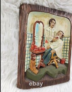 VINTAGE Rare Beautiful Barber Shave Cutter Hand Carved Wooden Wall Decor Sign