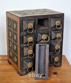 Vintage CGB Indian Wooden Spice Drawers Hand Made With Copper Accents 8 Tall