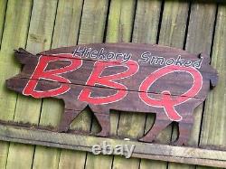 Vintage-Look Primitive Hand-Painted Wooden BBQ Sign Hickory Smoked BBQ