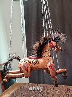 Vtg Thailand Folk Art Hand Made Painted Wooden Horse Marionette String Puppet