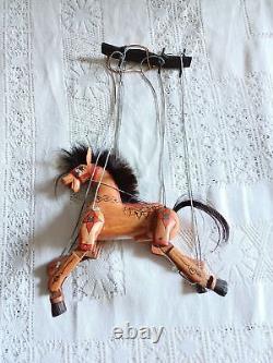 Vtg Thailand Folk Art Hand Made Painted Wooden Horse Marionette String Puppet