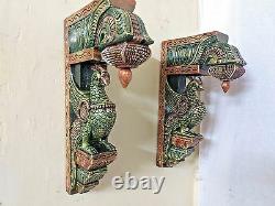 Wall Hanging Bracket Peacock Sculpted Corbel Pair Wooden Statue Home Decor Rare