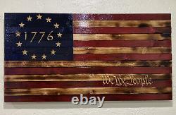 Wooden 1776 Betsy Ross American Flag Hand Crafted, Carved We The People 37x19