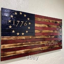 Wooden 1776 Betsy Ross American Flag Hand Crafted, Carved We The People 37x19