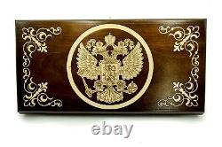 Wooden BACKGAMMON BOARD SET GAME Nardy chess carved Russian Coat of Arm HANDMADE