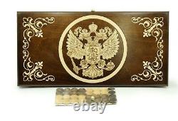 Wooden BACKGAMMON BOARD SET GAME Nardy chess carved Russian Coat of Arm HANDMADE