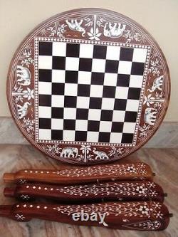 Wooden Chess Board Inlaid Carved Work Coffee Round Table Foldable Vintage Look