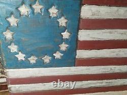 Wooden Hand Carved Hand Painted American Flag Wall Art, Signed