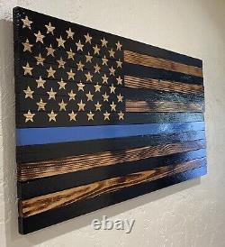 Wooden Hand Carved Thin Blue Line American Flag Police Flag Wall Art