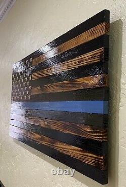 Wooden Hand Carved Thin Blue Line American Flag Police Flag Wall Art