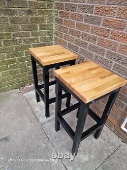 Wooden Oak Breakfast Bar Stools x 2 Kitchen Dining Room Solid Wood Handmade