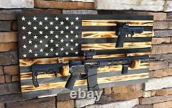 Wooden Rustic American Flag with Gun Rack for Two Guns Handmade 36 x 19.5 USA