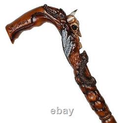 Wooden Walking cane stick Buffalo Bull Skull Snake Hand Carved Crafted Mystic
