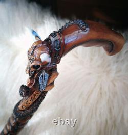 Wooden Walking cane stick Buffalo Bull Skull Snake Hand Carved Crafted Mystic
