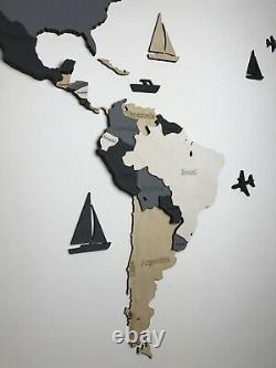 Wooden World Map M sz (63 x 37) Grey White and Beige with Country Names