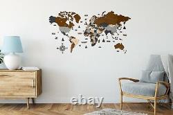 Wooden World Wall Map in Dark Brown and Grey L size 59 x 31