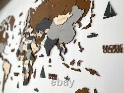 Wooden World Wall Map in Dark Brown and Grey L size 59 x 31