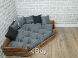 XL Personalised Rustic Corner Wooden Dog Bed With Grey Cushions